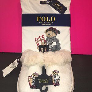 Ralph Lauren Sled Polo Bear Women's Pajamas Faux Shearling Fur Slippers Set M 8